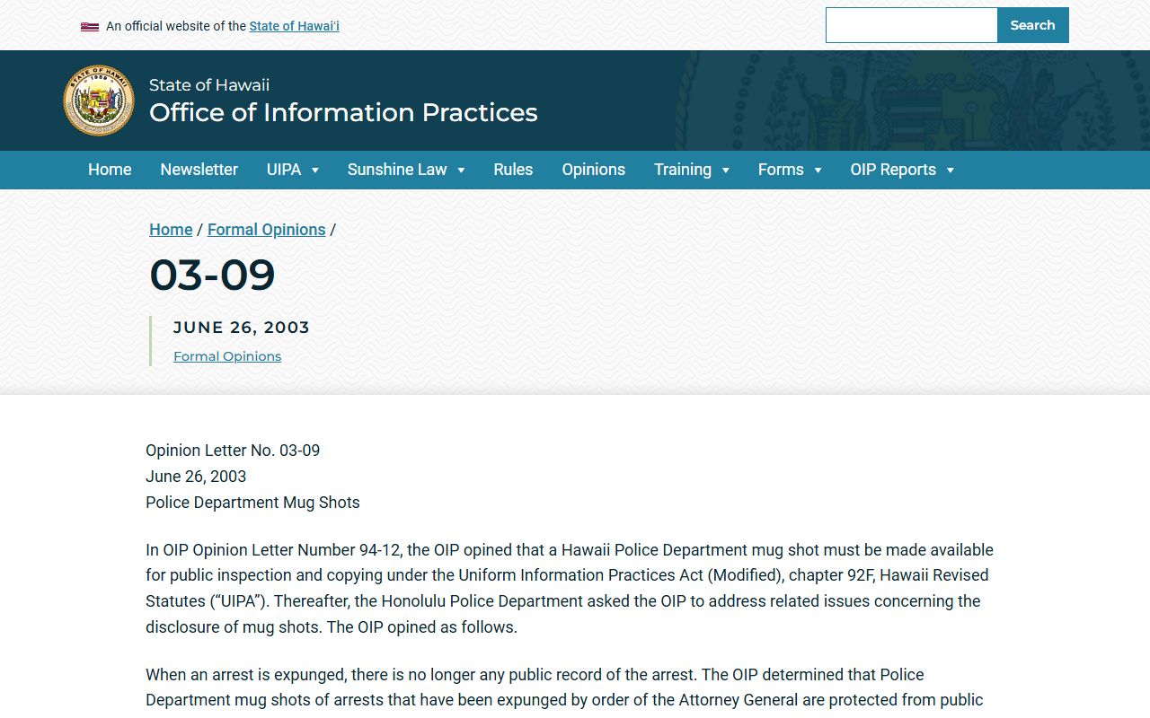 Maui County jail mugshots Hawaii OIP public records opinion