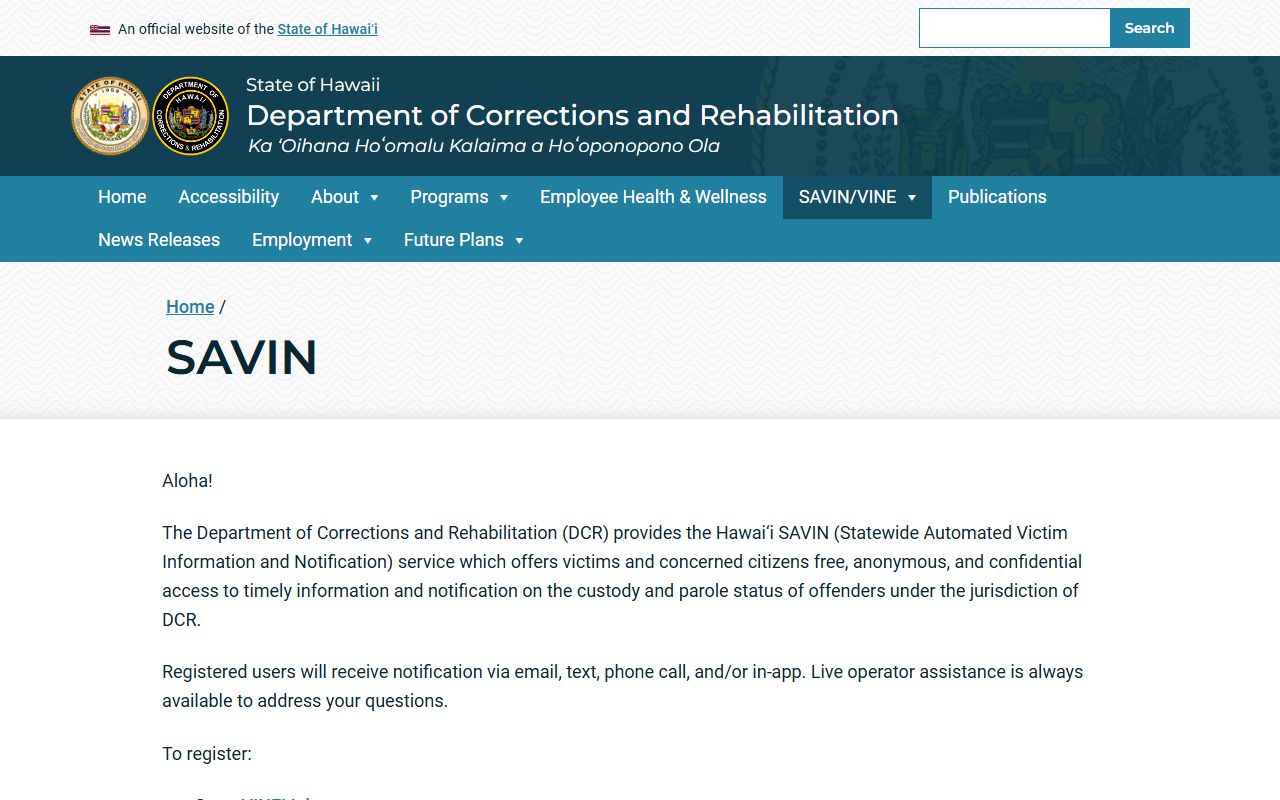 Hawaii SAVIN VINELink custody notification page for Maui Community Correctional Center inmate lookup