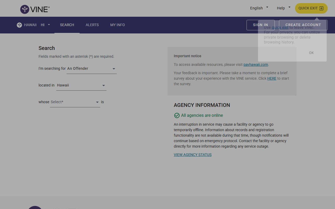 Maui County inmate search through Hawaii VINELink custody lookup