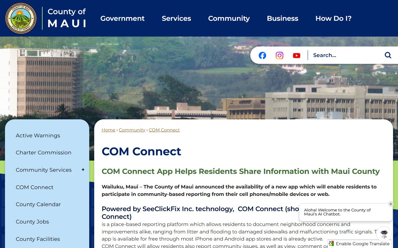Maui County COM Connect app page showing no inmate roster or warrant search function
