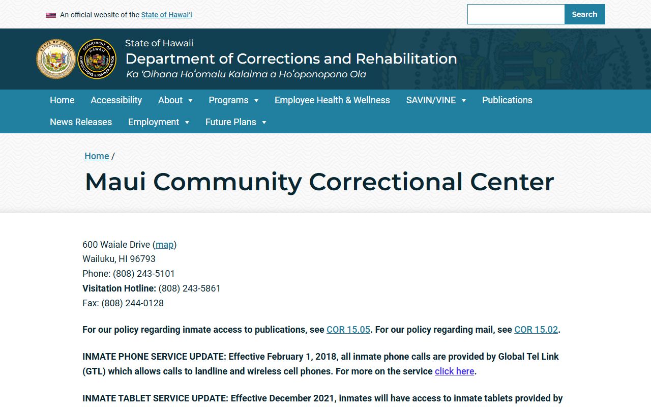 Maui Community Correctional Center official DCR inmate custody page