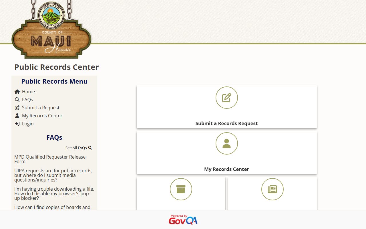 Maui County GovQA portal for MPD police records and booking record requests