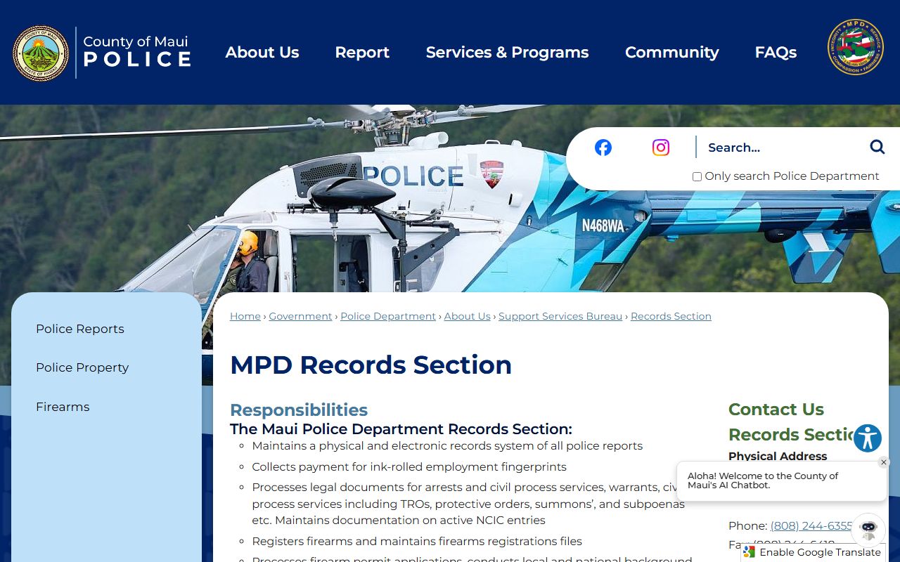 Maui Police Department Records Section booking records and public records page
