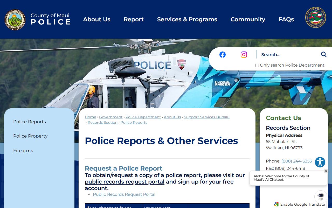 Maui Police Department police report request page for booking and arrest records